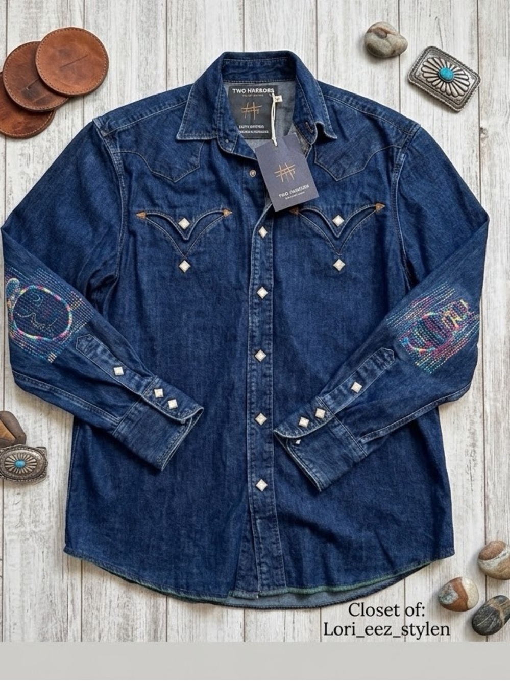 Brand: TWO HANDS Idea Merchants
Women's Dark Indigo Denim Button-Down Shirt wit